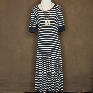 Lauren Ralph Lauren Women's Black & White Striped Stretch Cotton Midi Dress L